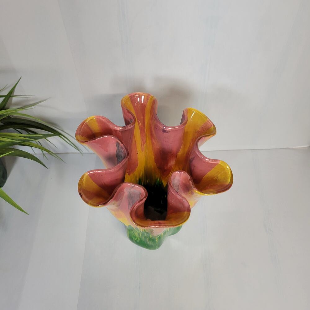 Vintage Ceramic Ruffled Hand Painted Trumpet Flower Vase Pink Yellow Green Grass - Picture 3 of 6